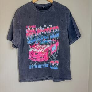 ROMWE Vintage Wash Pink Race Car Graphic T-Shirt Charcoal Grey Size S